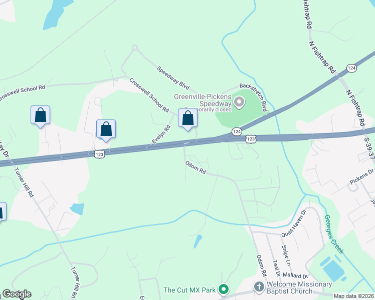 map of restaurants, bars, coffee shops, grocery stores, and more near 107 Odom Road in Easley