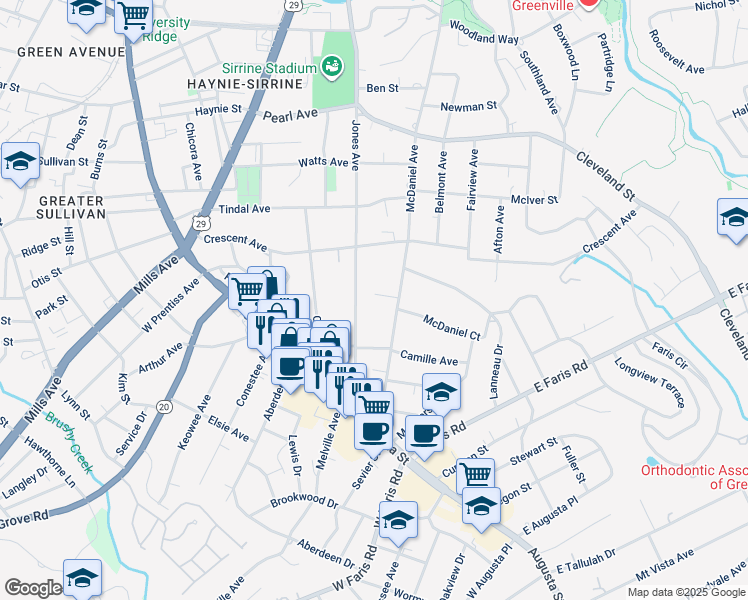map of restaurants, bars, coffee shops, grocery stores, and more near 11 Crescent Court in Greenville