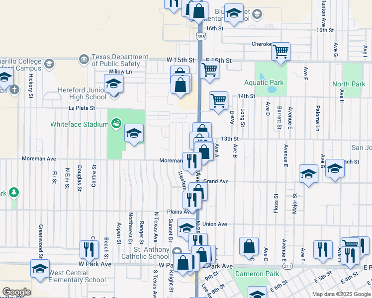 map of restaurants, bars, coffee shops, grocery stores, and more near 400-436 Western Ave in Hereford