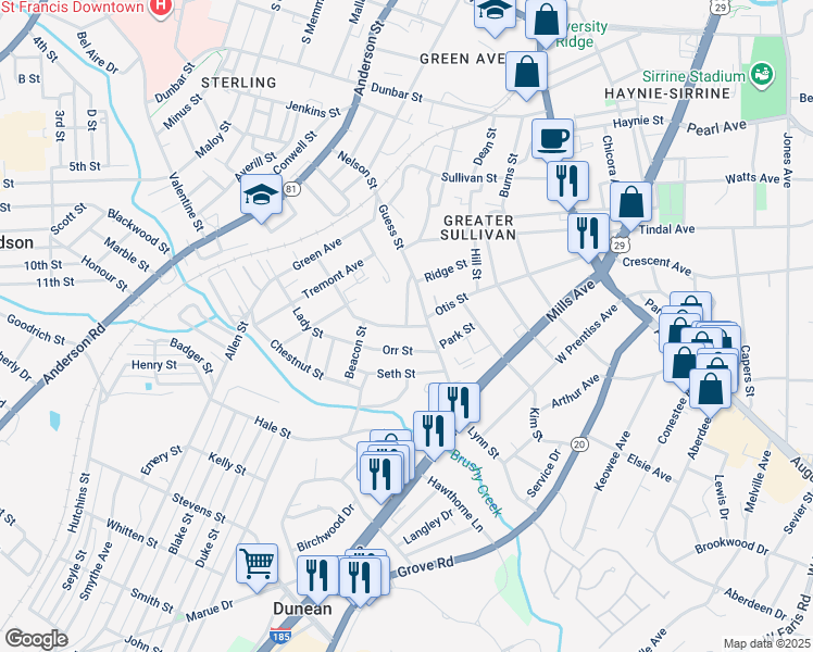 map of restaurants, bars, coffee shops, grocery stores, and more near 9 State Road S-23-398 in Greenville