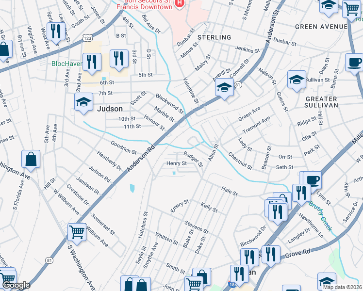 map of restaurants, bars, coffee shops, grocery stores, and more near 5 Badger Court in Greenville