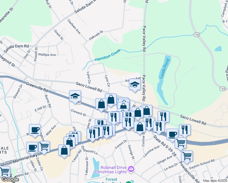 map of restaurants, bars, coffee shops, grocery stores, and more near 100 Lynn Circle in Easley