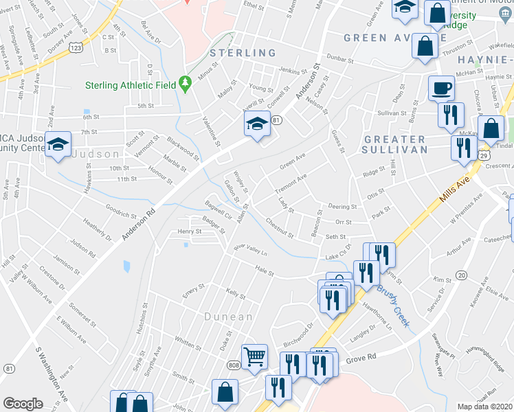 map of restaurants, bars, coffee shops, grocery stores, and more near 101 Chestnut Street in Greenville