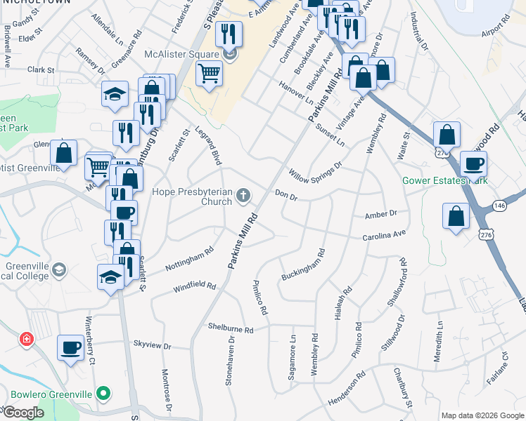 map of restaurants, bars, coffee shops, grocery stores, and more near 609 Carolina Avenue in Greenville