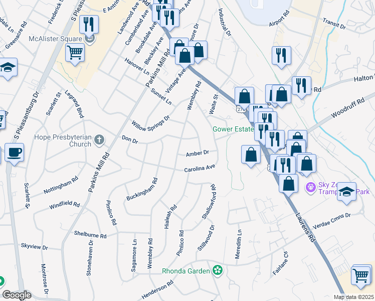 map of restaurants, bars, coffee shops, grocery stores, and more near 109 Amber Drive in Greenville