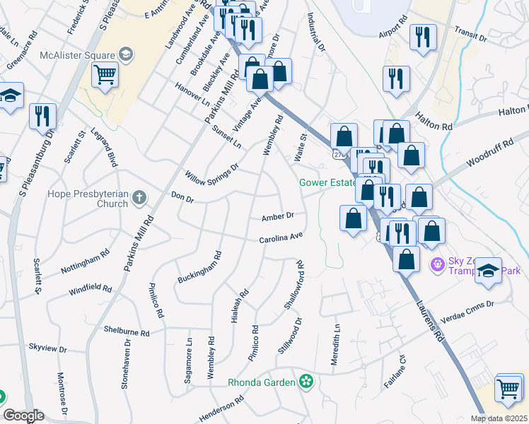 map of restaurants, bars, coffee shops, grocery stores, and more near 109 Amber Drive in Greenville
