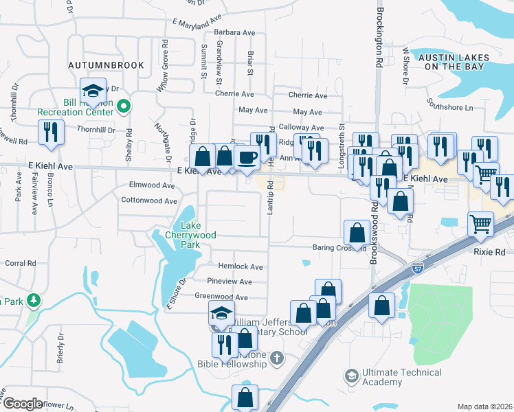 map of restaurants, bars, coffee shops, grocery stores, and more near 8309 East Woodview Drive in Sherwood