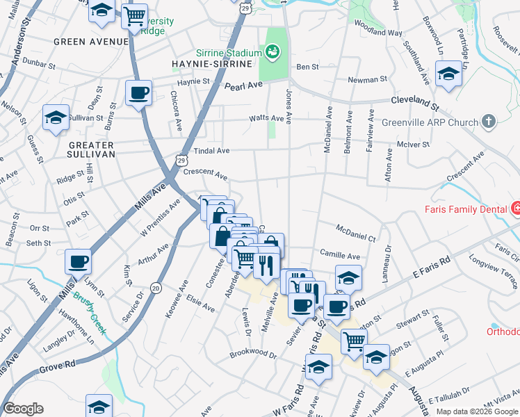 map of restaurants, bars, coffee shops, grocery stores, and more near Capers Street in Greenville