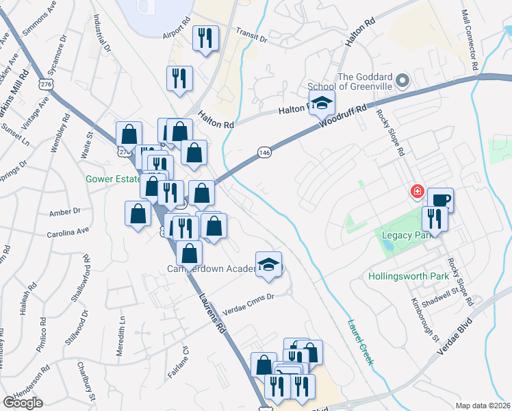 map of restaurants, bars, coffee shops, grocery stores, and more near 301 Woodruff Road in Greenville