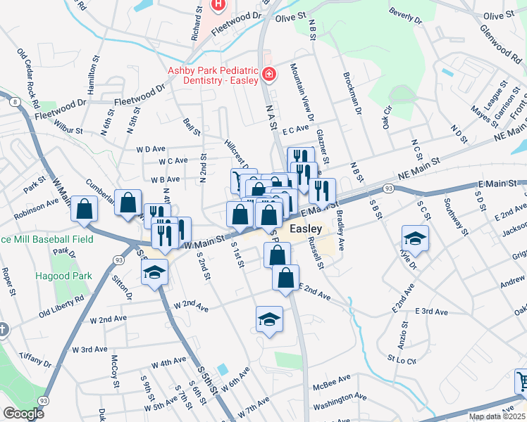 map of restaurants, bars, coffee shops, grocery stores, and more near 100 East Main Street in Easley