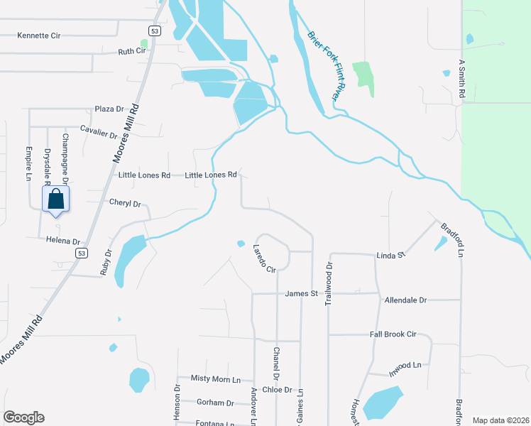 map of restaurants, bars, coffee shops, grocery stores, and more near 131 Laredo Circle in Huntsville