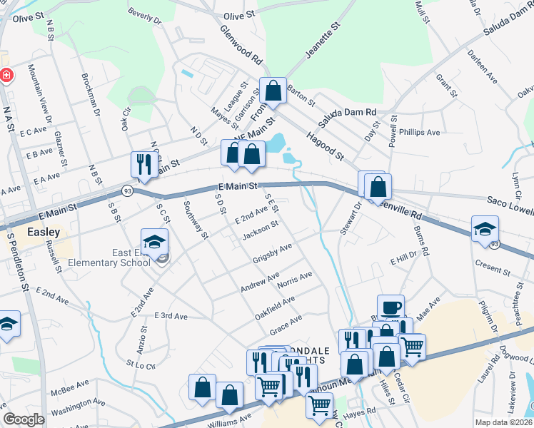 map of restaurants, bars, coffee shops, grocery stores, and more near 108 Jackson Street in Easley