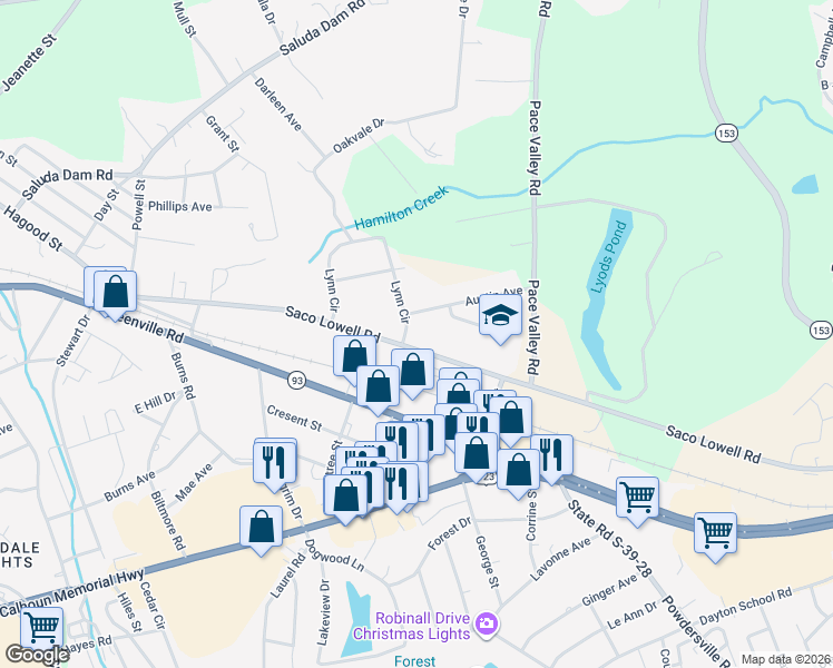 map of restaurants, bars, coffee shops, grocery stores, and more near 400 Saco Lowell Road in Easley