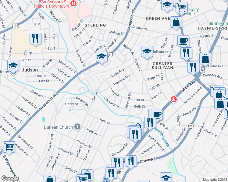 map of restaurants, bars, coffee shops, grocery stores, and more near 301 McGarity Street in Greenville