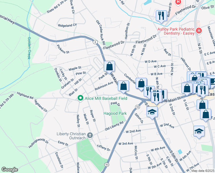 map of restaurants, bars, coffee shops, grocery stores, and more near 110 Highland Road in Easley