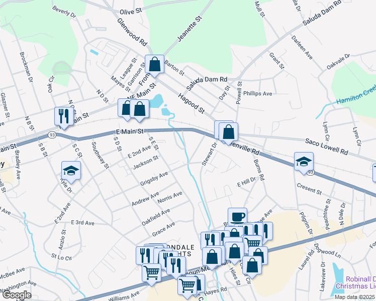 map of restaurants, bars, coffee shops, grocery stores, and more near 115 Garrett Street in Easley