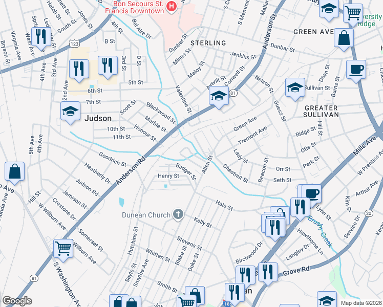 map of restaurants, bars, coffee shops, grocery stores, and more near 16 Bagwell Circle in Greenville