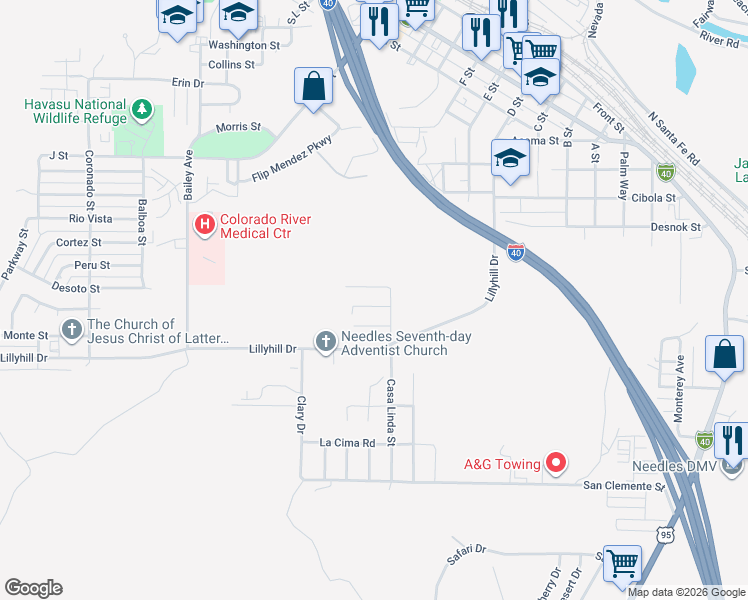 map of restaurants, bars, coffee shops, grocery stores, and more near 1330 Santa Fe Circle in Needles