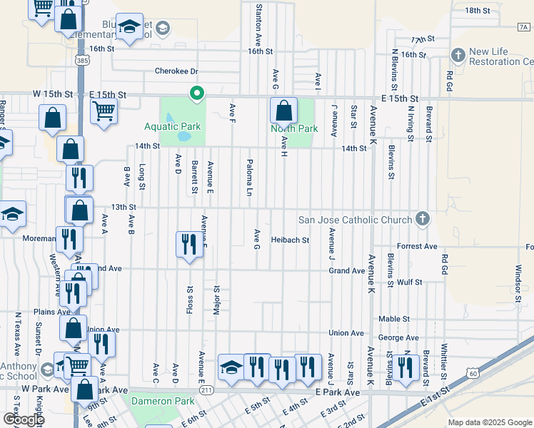 map of restaurants, bars, coffee shops, grocery stores, and more near 403 Avenue G in Hereford
