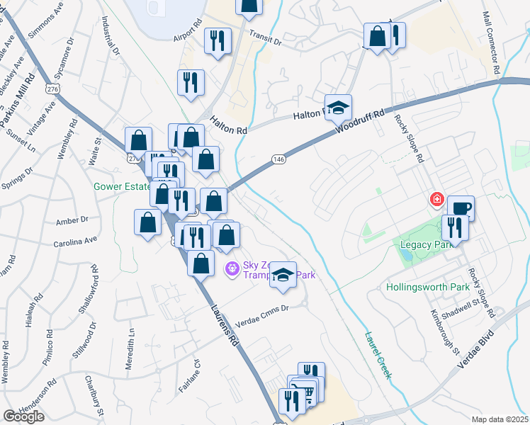 map of restaurants, bars, coffee shops, grocery stores, and more near 5 Glen Alpine Way in Greenville