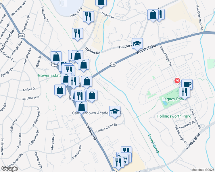 map of restaurants, bars, coffee shops, grocery stores, and more near 5 Glen Alpine Way in Greenville