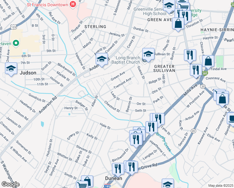 map of restaurants, bars, coffee shops, grocery stores, and more near 218 Tremont Avenue in Greenville