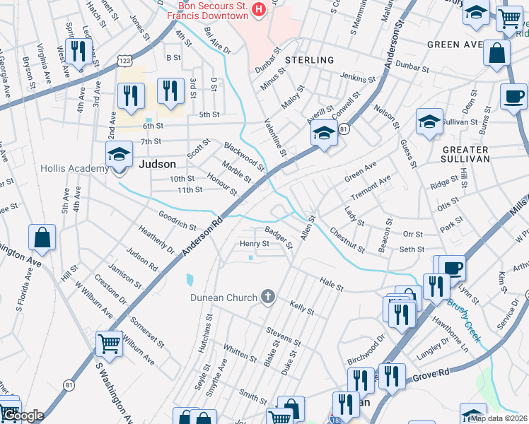 map of restaurants, bars, coffee shops, grocery stores, and more near 24 Bagwell Circle in Greenville