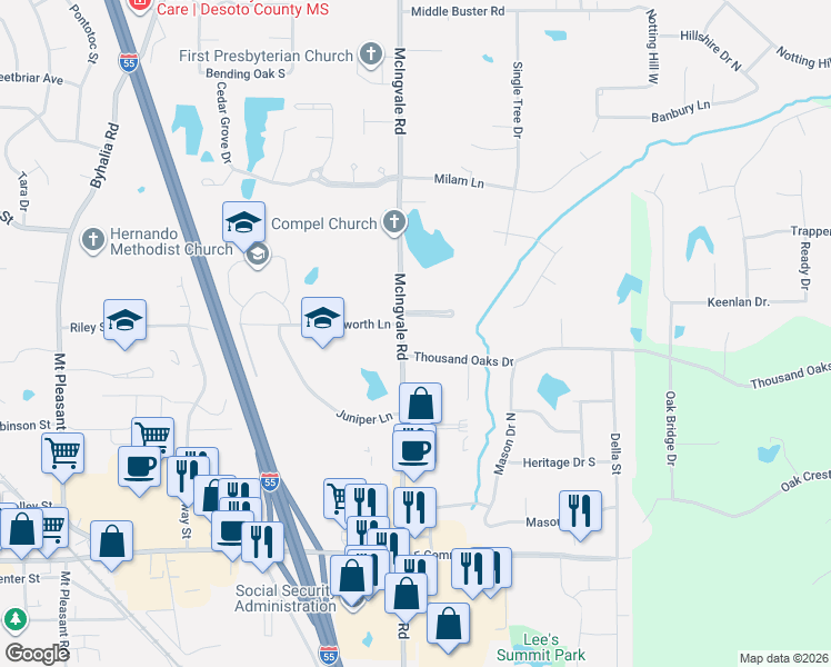 map of restaurants, bars, coffee shops, grocery stores, and more near 1990 McIngvale Road in Hernando