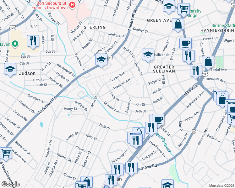 map of restaurants, bars, coffee shops, grocery stores, and more near 212 McGarity Street in Greenville