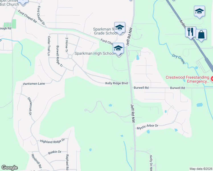 map of restaurants, bars, coffee shops, grocery stores, and more near 221 Kelly Ridge Boulevard in Harvest
