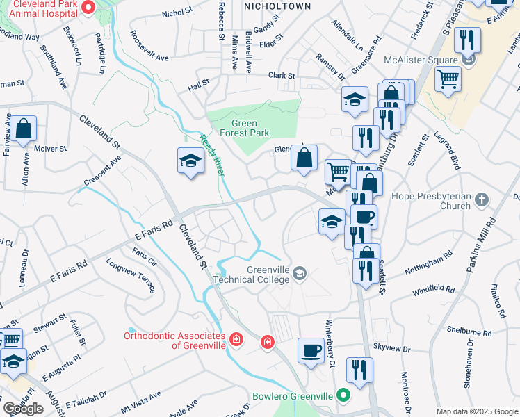 map of restaurants, bars, coffee shops, grocery stores, and more near 666 East Faris Road in Greenville