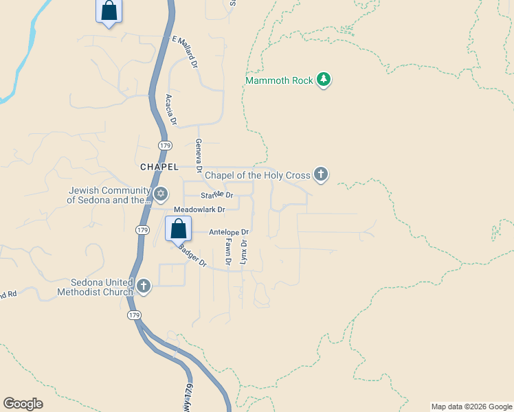 map of restaurants, bars, coffee shops, grocery stores, and more near 83 Antelope Drive in Sedona