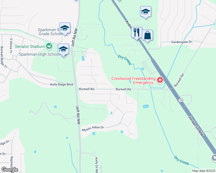map of restaurants, bars, coffee shops, grocery stores, and more near 301 Early Harvest Court in Harvest