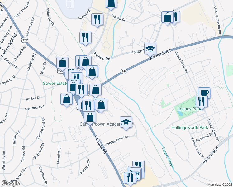 map of restaurants, bars, coffee shops, grocery stores, and more near 5 Glen Alpine Way in Greenville