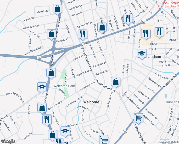 map of restaurants, bars, coffee shops, grocery stores, and more near 105 Francis Avenue in Greenville