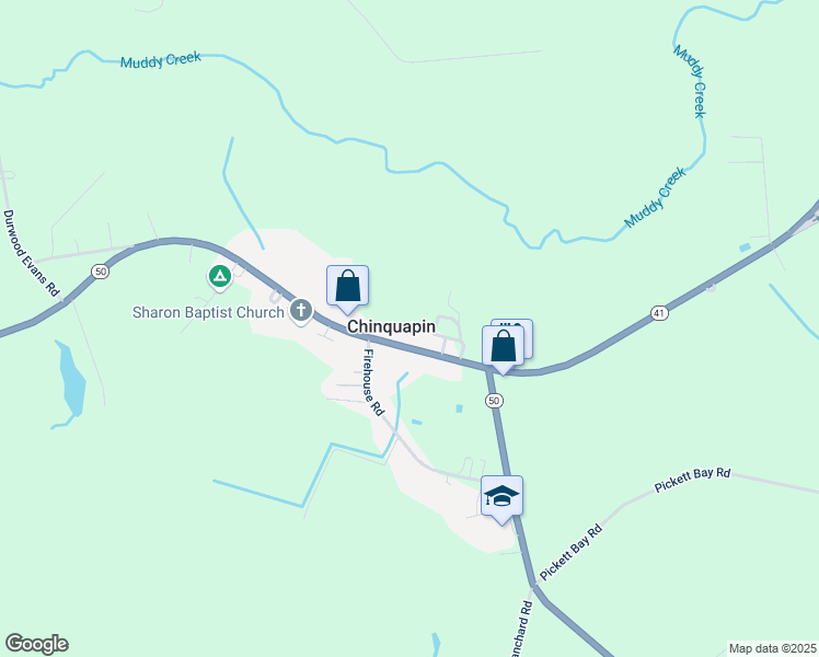 map of restaurants, bars, coffee shops, grocery stores, and more near North Carolina 50 in Chinquapin