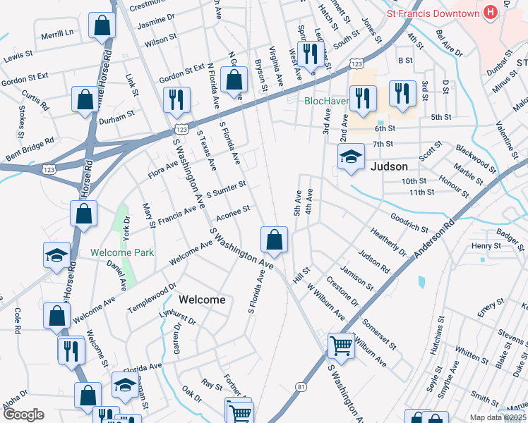 map of restaurants, bars, coffee shops, grocery stores, and more near 301 South Florida Avenue in Greenville