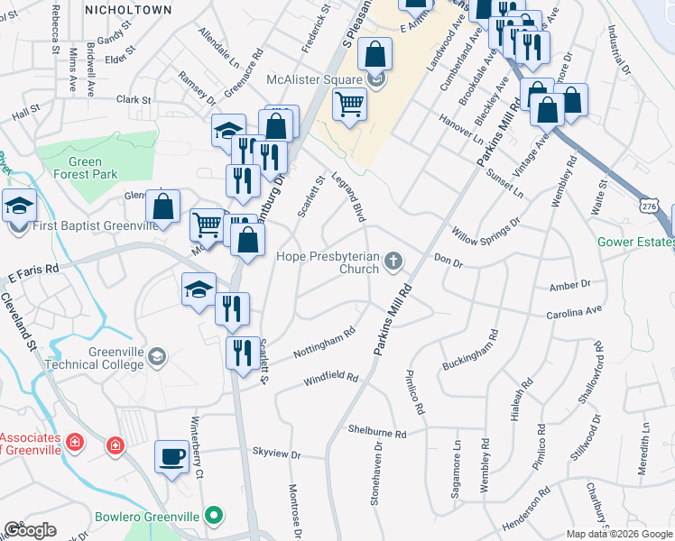map of restaurants, bars, coffee shops, grocery stores, and more near 100 Don Drive in Greenville