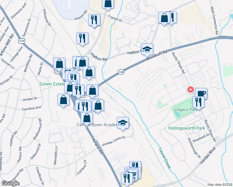 map of restaurants, bars, coffee shops, grocery stores, and more near 5 Glen Alpine Way in Greenville