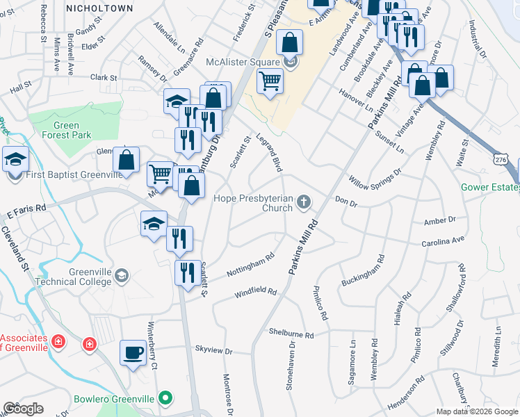 map of restaurants, bars, coffee shops, grocery stores, and more near 100 Don Drive in Greenville