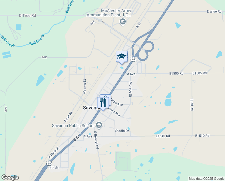 map of restaurants, bars, coffee shops, grocery stores, and more near Old Highway 69 in Savanna