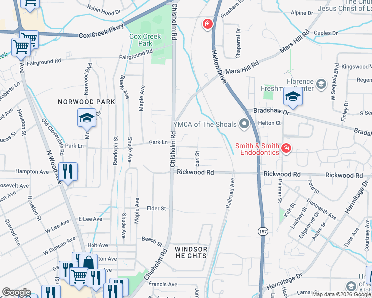 map of restaurants, bars, coffee shops, grocery stores, and more near 2230 Chisholm Road in Florence