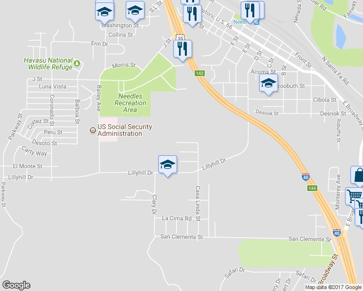 map of restaurants, bars, coffee shops, grocery stores, and more near 1359 Redwood Avenue in Needles