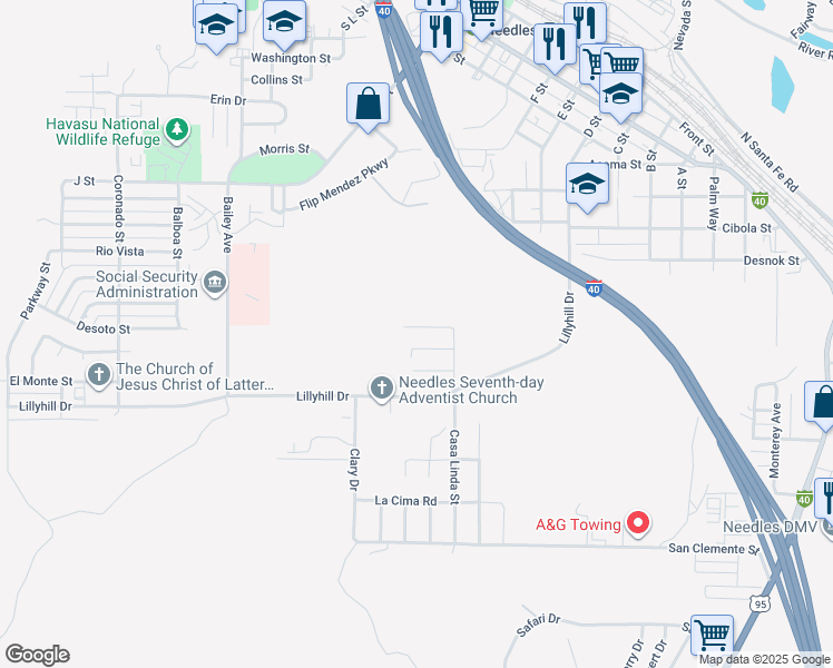 map of restaurants, bars, coffee shops, grocery stores, and more near 1359 Redwood Avenue in Needles