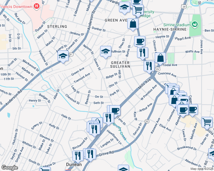 map of restaurants, bars, coffee shops, grocery stores, and more near 182 Otis Street in Greenville