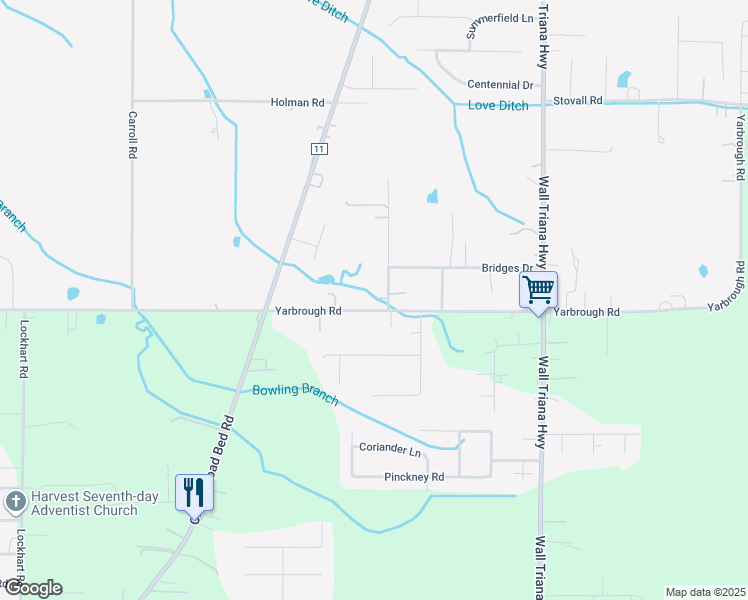 map of restaurants, bars, coffee shops, grocery stores, and more near 106 Wilbanks Lane in Harvest