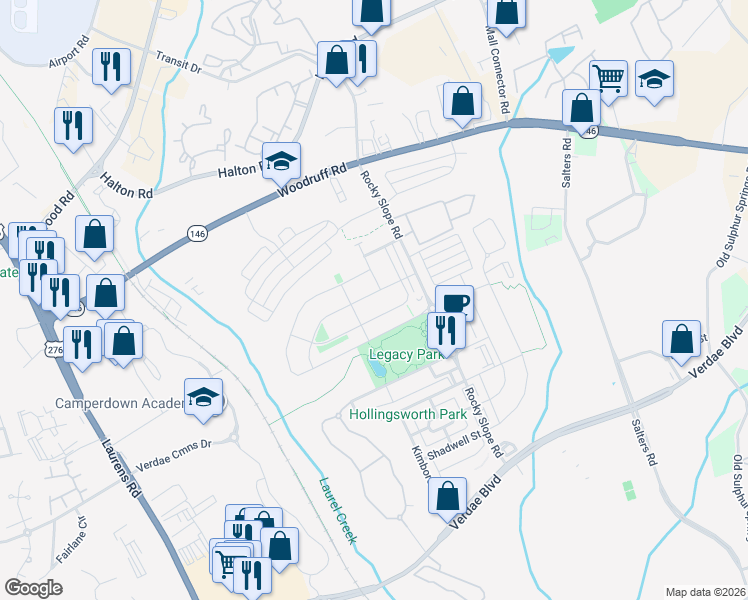 map of restaurants, bars, coffee shops, grocery stores, and more near 23 Verlin Drive in Greenville