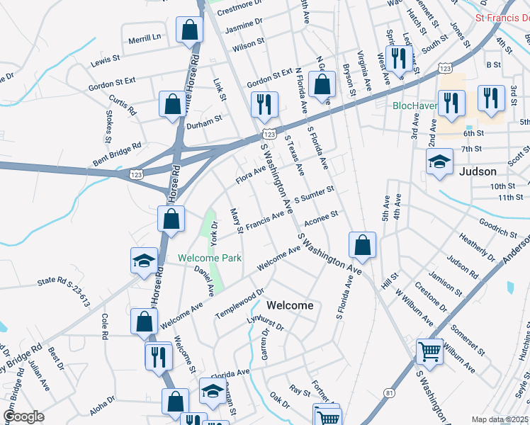 map of restaurants, bars, coffee shops, grocery stores, and more near 219 Beatrice Street in Greenville