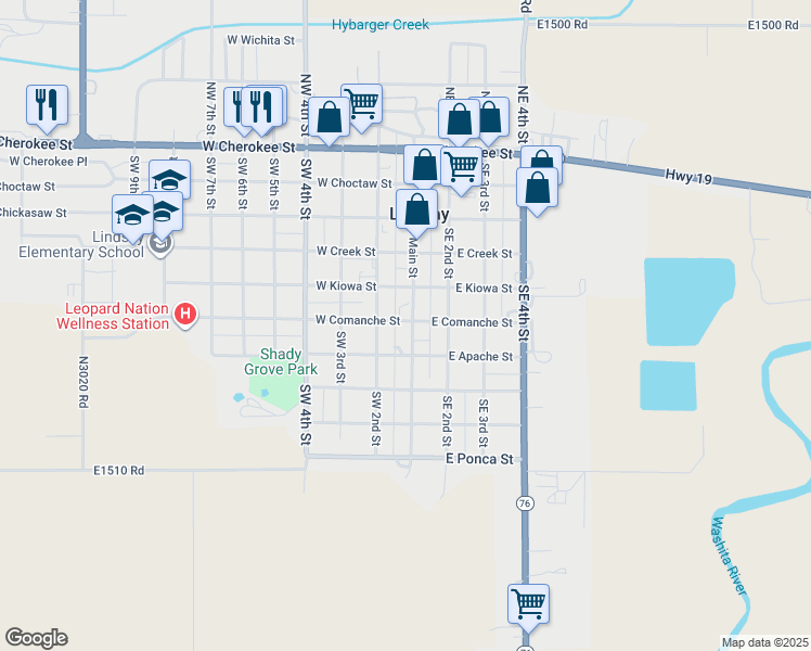 map of restaurants, bars, coffee shops, grocery stores, and more near 507 Southwest 2nd Street in Lindsay
