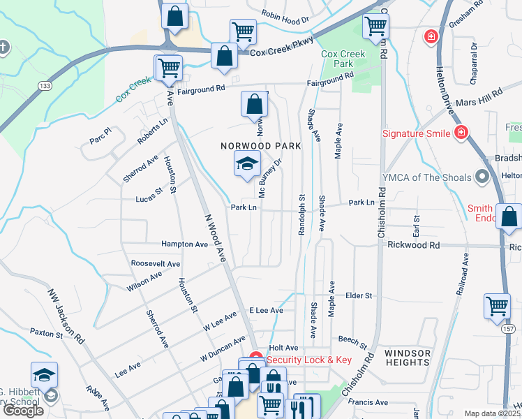 map of restaurants, bars, coffee shops, grocery stores, and more near 2233 Mc Burney Drive in Florence